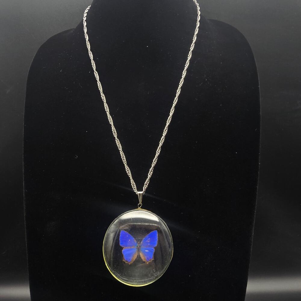 Vintage Preserved Morpho Butterfly Necklace Pendant Blue